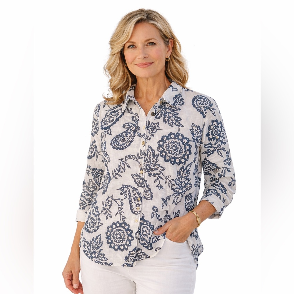 Charter Club Weekend Linen Paisley Button Down Blouse XL Gold Button Lightweight